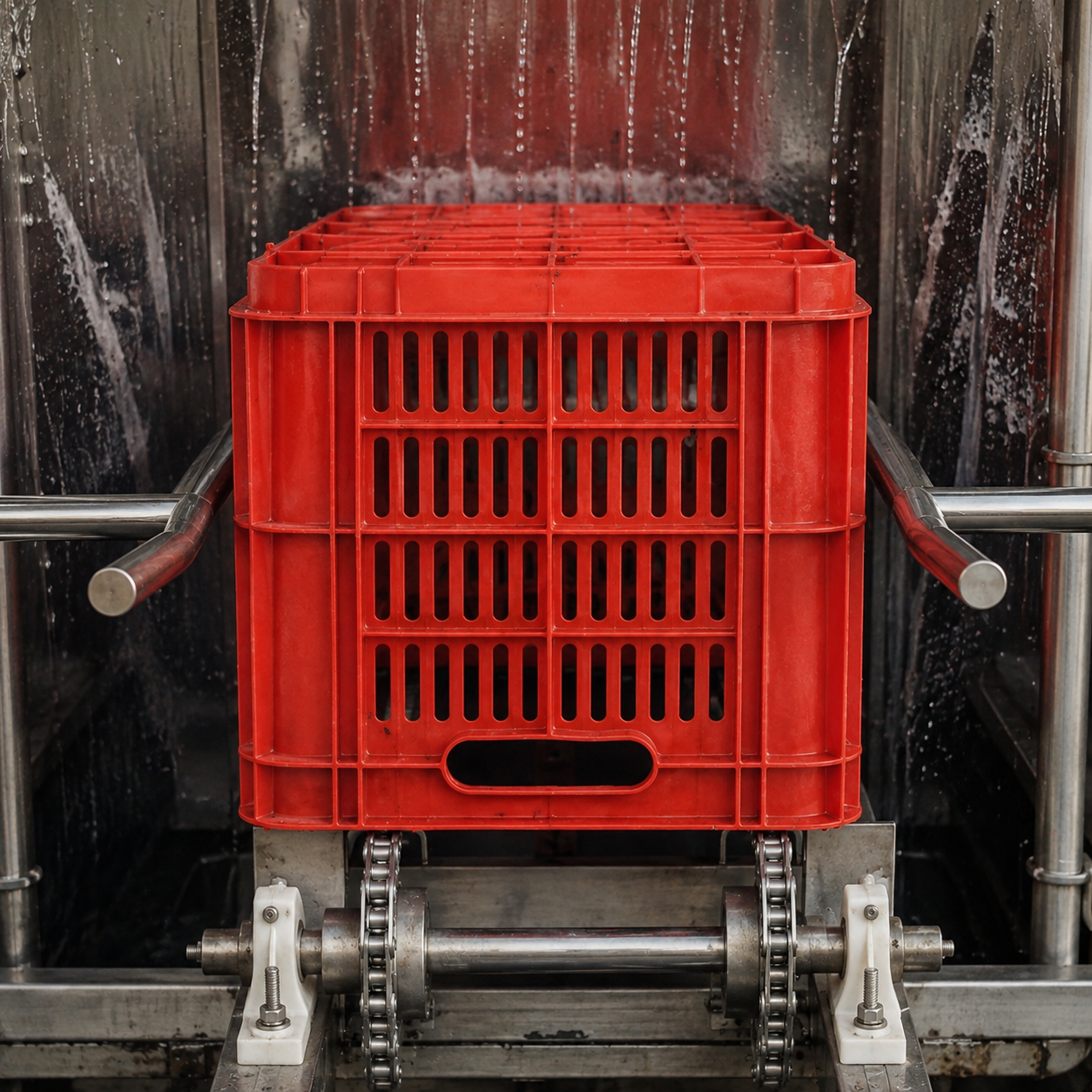 Caja de plástico roja siendo lavada con aspersores de agua dentro de una lavadora industrial ASLAN.